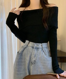 オフショルダー リブニットトップス