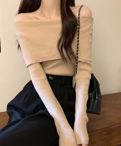 shopnikoniko(ショップニコニコ)の「オフショルダー リブニットトップス(ニット/セーター・レディース・ホワイト/ブラウン/ベージュ/ブラック・フリー)」の5枚目の写真