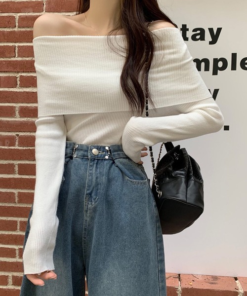 セール】オフショルダー リブニットトップス（ニット/セーター