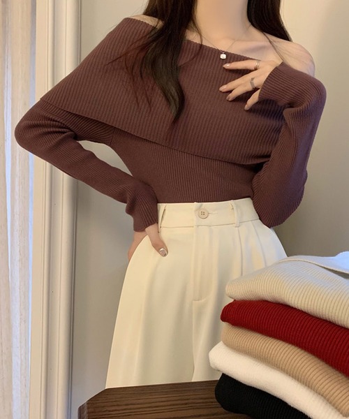 shopnikoniko(ショップニコニコ)の「オフショルダー リブニットトップス(ニット/セーター・レディース・ホワイト/ブラウン/ベージュ/ブラック・フリー)」の13枚目の写真