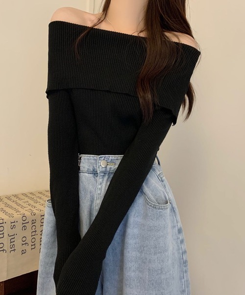 shopnikoniko(ショップニコニコ)の「オフショルダー リブニットトップス(ニット/セーター・レディース・ホワイト/ブラウン/ベージュ/ブラック・フリー)」の12枚目の写真