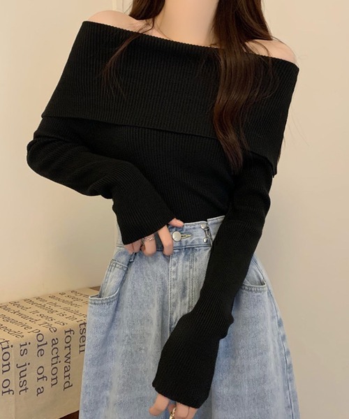 shopnikoniko(ショップニコニコ)の「オフショルダー リブニットトップス(ニット/セーター・レディース・ホワイト/ブラウン/ベージュ/ブラック・フリー)」の7枚目の写真