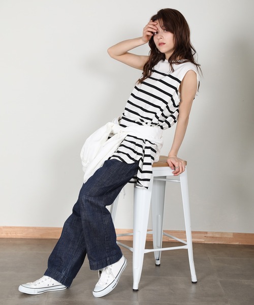 aity(アイティ)の「ノースリーブボーダーカットソー(Tシャツ/カットソー・レディース・ベージュ/ラベンダー/オフホワイト/ブラック・M)」の13枚目の写真