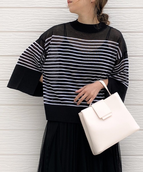 Q（キュー）の「シアーボーダーショートニット（ニット/セーター・レディース・ブラック系/ブルー系・MEDIUM）」の2枚目の写真