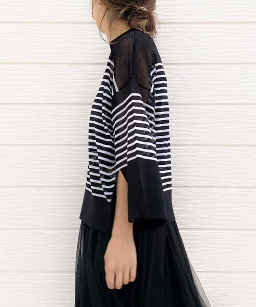 Q（キュー）の「シアーボーダーショートニット（ニット/セーター・レディース・ブラック系/ブルー系・MEDIUM）」の9枚目の写真