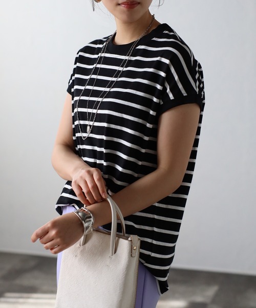 Fizz（フィズ）の「プチハイネックフレンチスリーブTシャツ（Tシャツ/カットソー・レディース・ブラック/ブラック×ホワイト/グレイッシュベージュ/アイボリー/ホワイト×ネイビー/モカ/ブルー/ホワイト/ライトカーキ・M）」の10枚目の写真