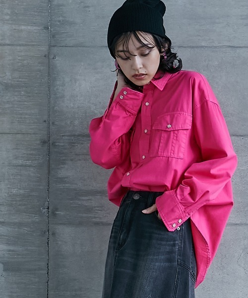 GEVS.（ジェイヴィス）の「＜大きいサイズ＞ 綿100％製品染カラーチュニックシャツ GEVS.（シャツ/ブラウス・レディース・パープル/ピンク・L/LL/3L/4L/5L）」の18枚目の写真