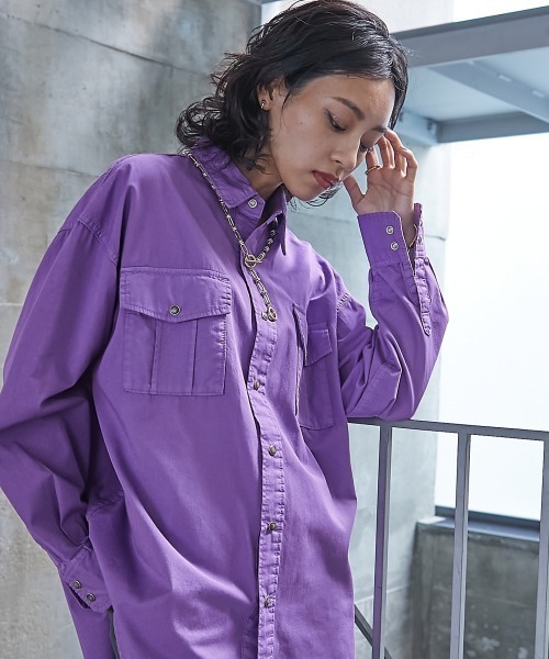 GEVS.（ジェイヴィス）の「＜大きいサイズ＞ 綿100％製品染カラーチュニックシャツ GEVS.（シャツ/ブラウス・レディース・パープル/ピンク・L/LL/3L/4L/5L）」の10枚目の写真