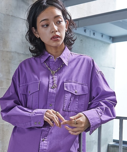 GEVS.（ジェイヴィス）の「＜大きいサイズ＞ 綿100％製品染カラーチュニックシャツ GEVS.（シャツ/ブラウス・レディース・パープル/ピンク・L/LL/3L/4L/5L）」の9枚目の写真