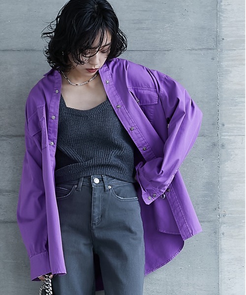 GEVS.（ジェイヴィス）の「＜大きいサイズ＞ 綿100％製品染カラーチュニックシャツ GEVS.（シャツ/ブラウス・レディース・パープル/ピンク・L/LL/3L/4L/5L）」の5枚目の写真