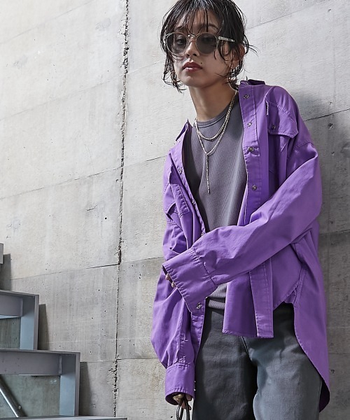 GEVS.（ジェイヴィス）の「＜大きいサイズ＞ 綿100％製品染カラーチュニックシャツ GEVS.（シャツ/ブラウス・レディース・パープル/ピンク・L/LL/3L/4L/5L）」の7枚目の写真