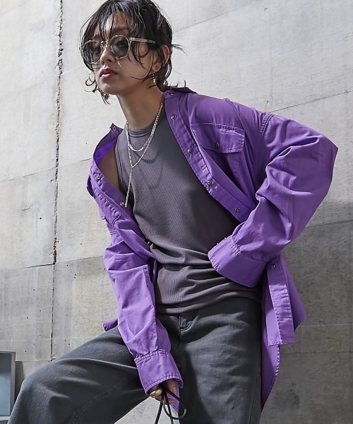 GEVS.（ジェイヴィス）の「＜大きいサイズ＞ 綿100％製品染カラーチュニックシャツ GEVS.（シャツ/ブラウス・レディース・パープル/ピンク・L/LL/3L/4L/5L）」の6枚目の写真