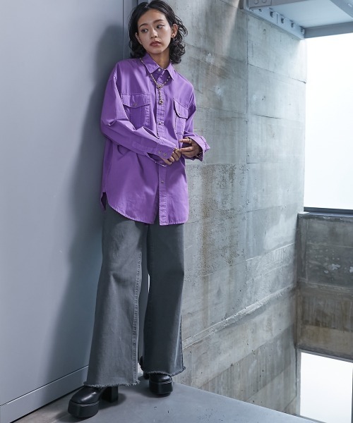 GEVS.（ジェイヴィス）の「＜大きいサイズ＞ 綿100％製品染カラーチュニックシャツ GEVS.（シャツ/ブラウス・レディース・パープル/ピンク・L/LL/3L/4L/5L）」の19枚目の写真