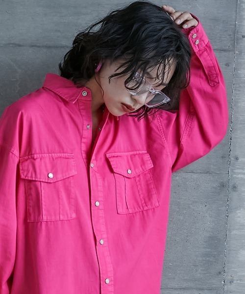 GEVS.（ジェイヴィス）の「＜大きいサイズ＞ 綿100％製品染カラーチュニックシャツ GEVS.（シャツ/ブラウス・レディース・パープル/ピンク・L/LL/3L/4L/5L）」の16枚目の写真