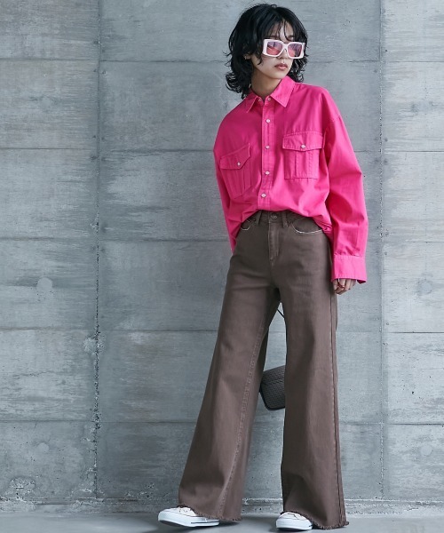 GEVS.（ジェイヴィス）の「＜大きいサイズ＞ 綿100％製品染カラーチュニックシャツ GEVS.（シャツ/ブラウス・レディース・パープル/ピンク・L/LL/3L/4L/5L）」の21枚目の写真