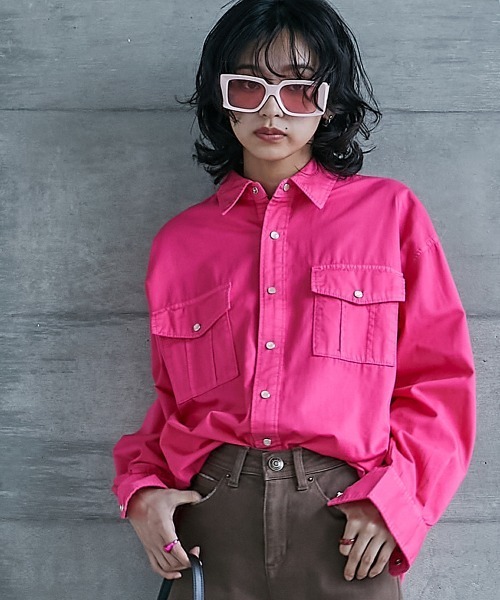 GEVS.（ジェイヴィス）の「＜大きいサイズ＞ 綿100％製品染カラーチュニックシャツ GEVS.（シャツ/ブラウス・レディース・パープル/ピンク・L/LL/3L/4L/5L）」の15枚目の写真