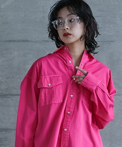 GEVS.（ジェイヴィス）の「＜大きいサイズ＞ 綿100％製品染カラーチュニックシャツ GEVS.（シャツ/ブラウス・レディース・パープル/ピンク・L/LL/3L/4L/5L）」の14枚目の写真