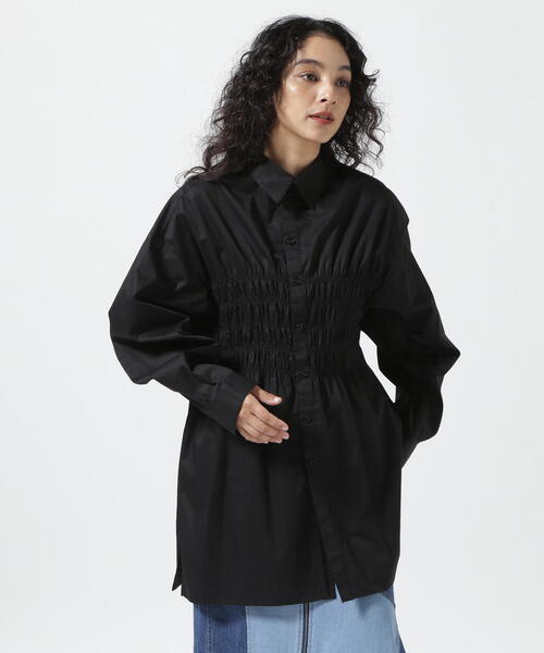 AULA(アウラ)の「AULA/アウラ/Smocking Overshirt(シャツ/ブラウス・レディース・ブラック/ホワイト・F)」の3枚目の写真