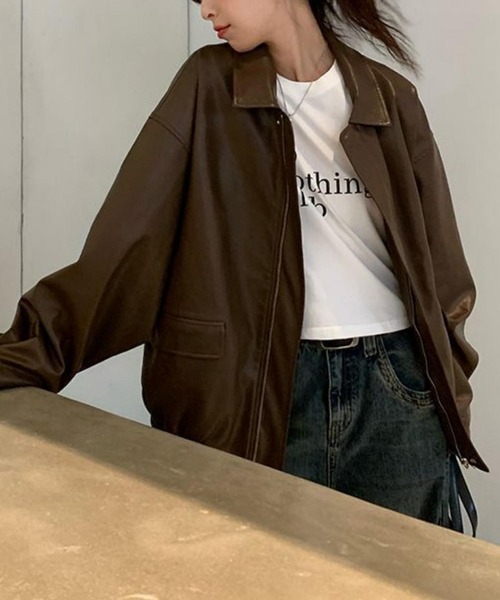 MAISON DE THERESE（メゾン ド テレーズ）の「ビッグシルエットフェイクレザー ライダースPUブルゾン/ジャケット【男女兼用】（ライダースジャケット・レディース・ブラウン/ブラック・FREE）」の20枚目の写真