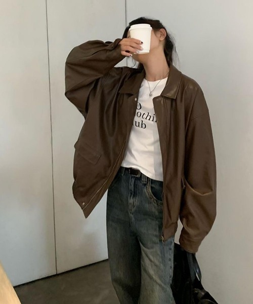 MAISON DE THERESE（メゾン ド テレーズ）の「ビッグシルエットフェイクレザー ライダースPUブルゾン/ジャケット【男女兼用】（ライダースジャケット・レディース・ブラウン/ブラック・FREE）」の22枚目の写真