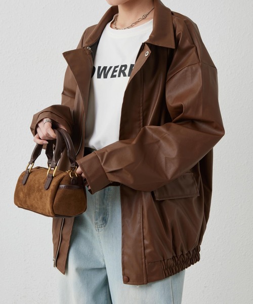 セール】ビッグシルエットフェイクレザー ライダースPUブルゾン  
