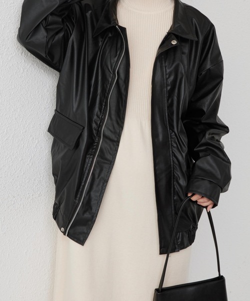 セール】ビッグシルエットフェイクレザー ライダースPUブルゾン  