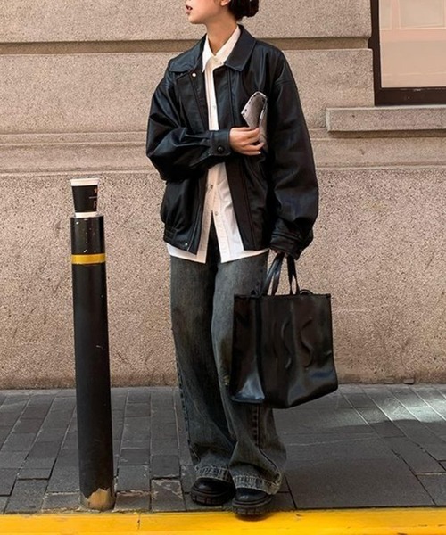 MAISON DE THERESE（メゾン ド テレーズ）の「ビッグシルエットフェイクレザー ライダースPUブルゾン/ジャケット【男女兼用】（ライダースジャケット・レディース・ブラウン/ブラック・FREE）」の5枚目の写真