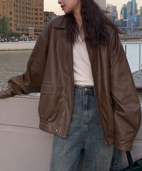 MAISON DE THERESE（メゾン ド テレーズ）の「ビッグシルエットフェイクレザー ライダースPUブルゾン/ジャケット【男女兼用】（ライダースジャケット・レディース・ブラウン/ブラック・FREE）」の8枚目の写真