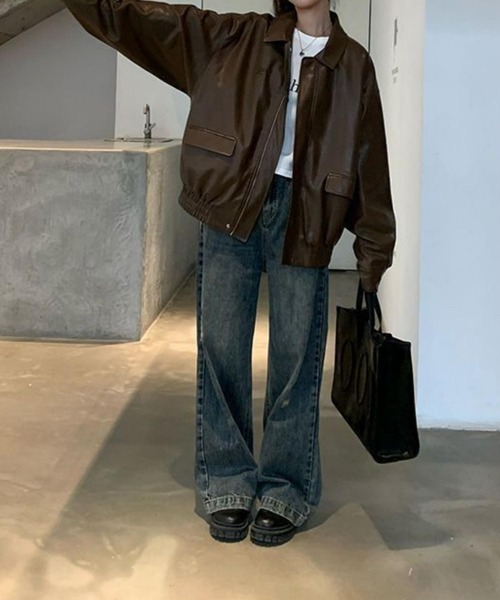 MAISON DE THERESE（メゾン ド テレーズ）の「ビッグシルエットフェイクレザー ライダースPUブルゾン/ジャケット【男女兼用】（ライダースジャケット・レディース・ブラウン/ブラック・FREE）」の10枚目の写真