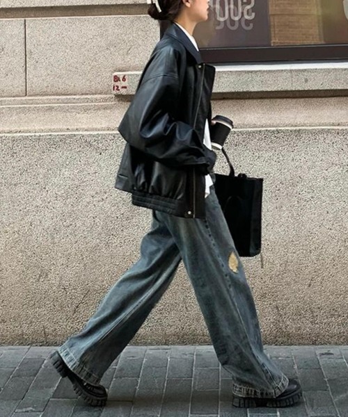 MAISON DE THERESE（メゾン ド テレーズ）の「ビッグシルエットフェイクレザー ライダースPUブルゾン/ジャケット【男女兼用】（ライダースジャケット・レディース・ブラウン/ブラック・FREE）」の11枚目の写真