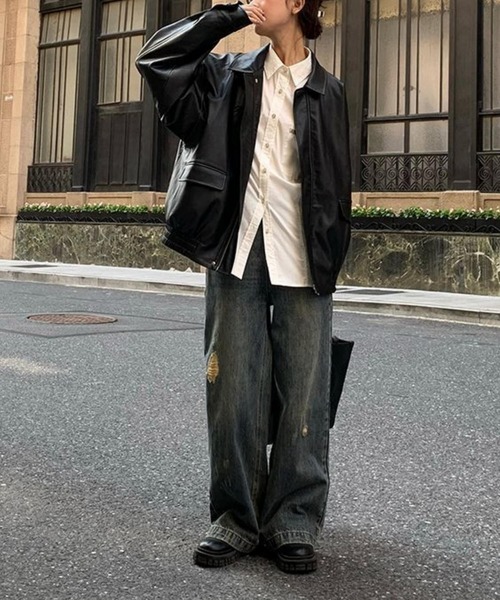 MAISON DE THERESE（メゾン ド テレーズ）の「ビッグシルエットフェイクレザー ライダースPUブルゾン/ジャケット【男女兼用】（ライダースジャケット・レディース・ブラウン/ブラック・FREE）」の15枚目の写真