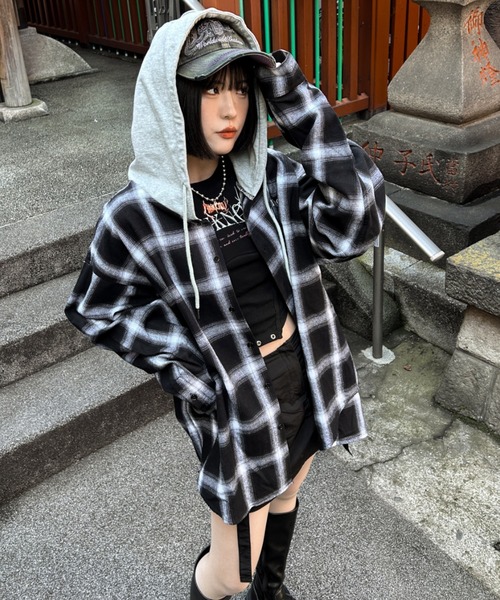 ブラウス シャツ A'GEM/9 × .kom 「A'gem/エージェム」 フードチェックシャツ レディース A'gem ブラウス シャツ A'GEM/9 × .kom 「A'gem/エージェム