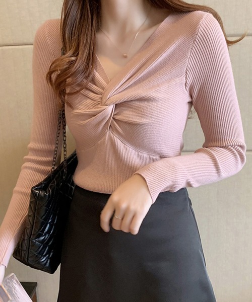 Miniministore(ミニミニストア)の「ツイスト リブニットトップス レディース(ニット/セーター・レディース・ブルー/イエロー/ブラック/ピンク/ベージュ/レッド/ホワイト/グレー/ライトブラウン・FREE)」の8枚目の写真
