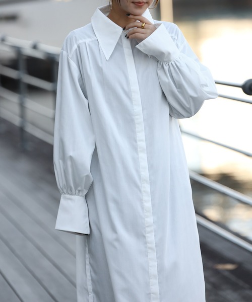 Bonjour Sagan（ボンジュールサガン）の「バックピンタックロングカラーシャツワンピース（シャツワンピース・レディース・ネイビー/オフホワイト・FREE）」の6枚目の写真