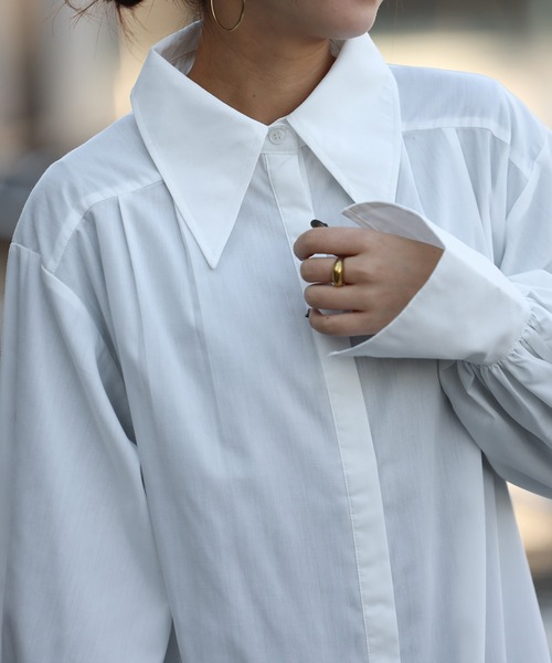 Bonjour Sagan（ボンジュールサガン）の「バックピンタックロングカラーシャツワンピース（シャツワンピース・レディース・ネイビー/オフホワイト・FREE）」の11枚目の写真