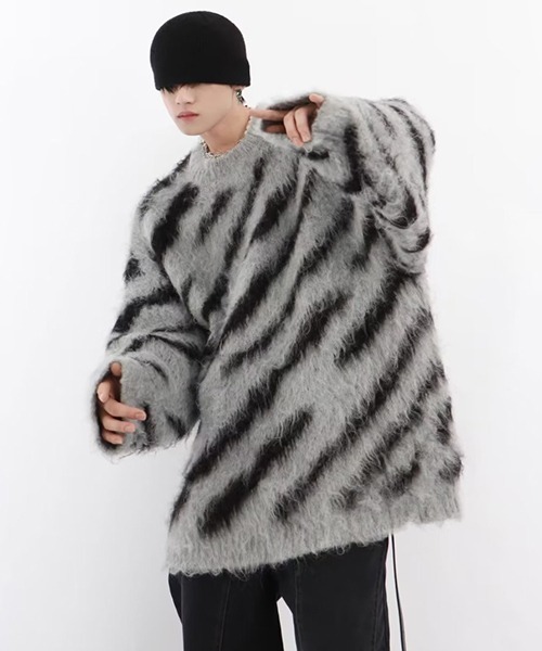 モヘア風ゼブラ柄ルーズシルエットニットトップス(NEZ)（ニット