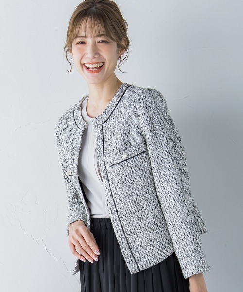 ketty(ケティ)の「モールドビーツイードサテンパイピングパールボタンジャケット(ノーカラージャケット・レディース・ブラック系その他/ベージュ系その他・M)」の4枚目の写真