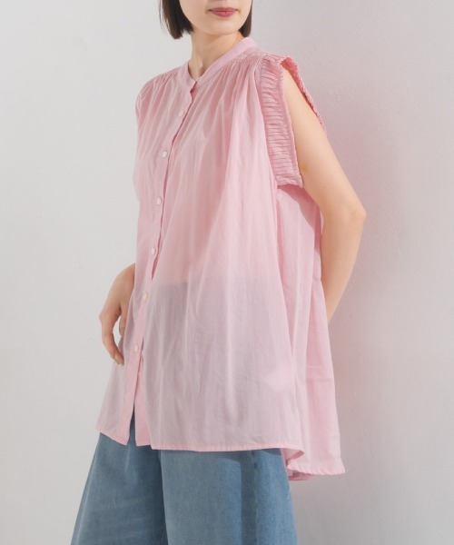 OMNES(オムネス)の「コットンボイル袖プリーツノースリーブシャツ(シャツ/ブラウス・レディース・ブラウン/ブラック/ホワイト/ピンク・FREE)」の4枚目の写真