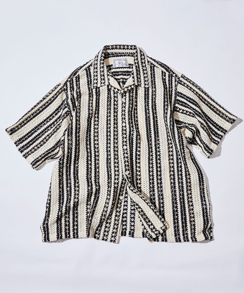 FREAK'S STORE(フリークスストア)の「FREAK’S STORE/フリークスストア インド製 リラックスフィット 総柄レース マルチストライプ ショートスリーブ オープンカラーシャツ(シャツ/ブラウス・メンズ・ブラック/ブルー・MEDIUM/LARGE)」の8枚目の写真