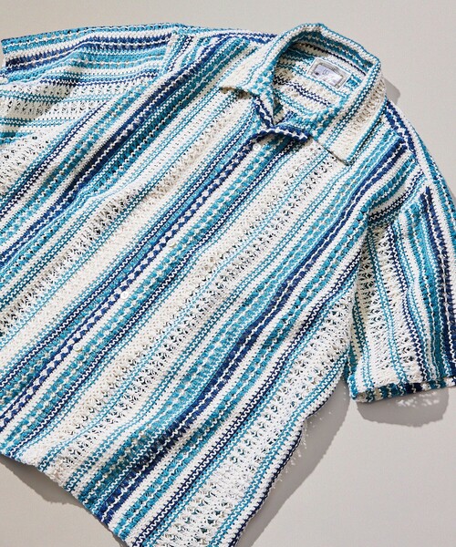 FREAK'S STORE(フリークスストア)の「FREAK’S STORE/フリークスストア インド製 リラックスフィット 総柄レース マルチストライプ ショートスリーブ オープンカラーシャツ(シャツ/ブラウス・メンズ・ブラック/ブルー・MEDIUM/LARGE)」の10枚目の写真