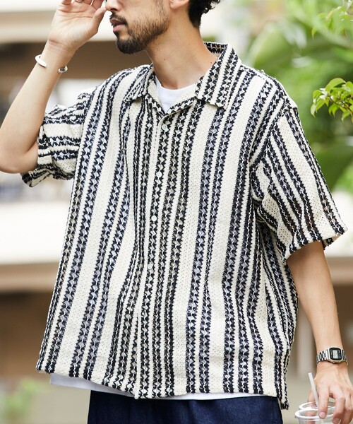 FREAK'S STORE(フリークスストア)の「FREAK’S STORE/フリークスストア インド製 リラックスフィット 総柄レース マルチストライプ ショートスリーブ オープンカラーシャツ(シャツ/ブラウス・メンズ・ブラック/ブルー・MEDIUM/LARGE)」の14枚目の写真
