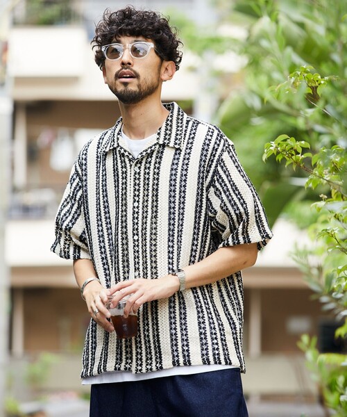 FREAK'S STORE(フリークスストア)の「FREAK’S STORE/フリークスストア インド製 リラックスフィット 総柄レース マルチストライプ ショートスリーブ オープンカラーシャツ(シャツ/ブラウス・メンズ・ブラック/ブルー・MEDIUM/LARGE)」の15枚目の写真