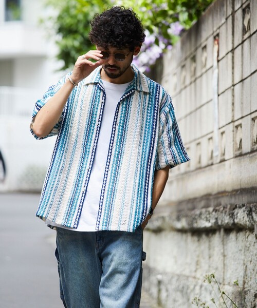 FREAK'S STORE(フリークスストア)の「FREAK’S STORE/フリークスストア インド製 リラックスフィット 総柄レース マルチストライプ ショートスリーブ オープンカラーシャツ(シャツ/ブラウス・メンズ・ブラック/ブルー・MEDIUM/LARGE)」の19枚目の写真