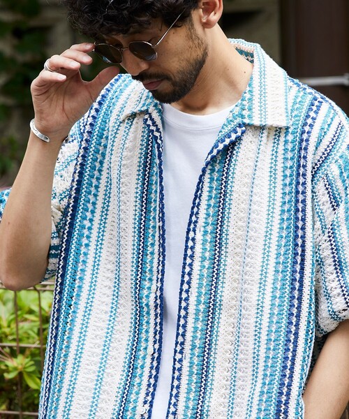 FREAK'S STORE(フリークスストア)の「FREAK’S STORE/フリークスストア インド製 リラックスフィット 総柄レース マルチストライプ ショートスリーブ オープンカラーシャツ(シャツ/ブラウス・メンズ・ブラック/ブルー・MEDIUM/LARGE)」の20枚目の写真