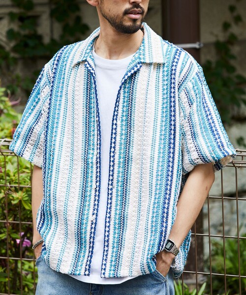 FREAK'S STORE(フリークスストア)の「FREAK’S STORE/フリークスストア インド製 リラックスフィット 総柄レース マルチストライプ ショートスリーブ オープンカラーシャツ(シャツ/ブラウス・メンズ・ブラック/ブルー・MEDIUM/LARGE)」の21枚目の写真