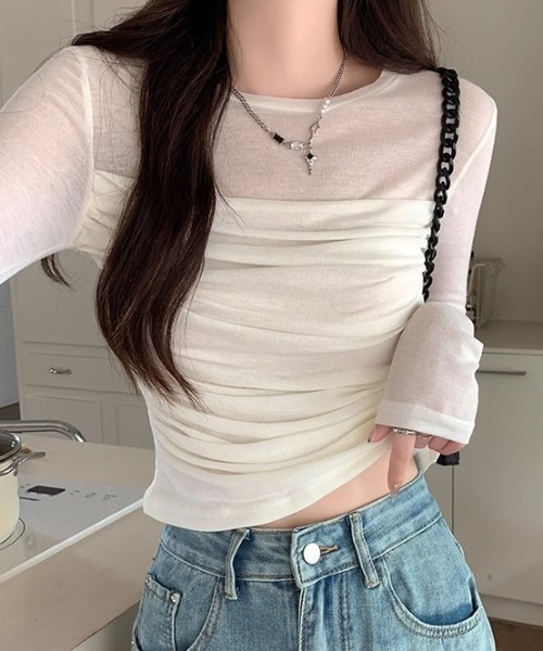 mebole（メボレ）の「プリーツスリムシアートップス（Tシャツ/カットソー・レディース・ホワイト/ベージュ・FREE）」の5枚目の写真