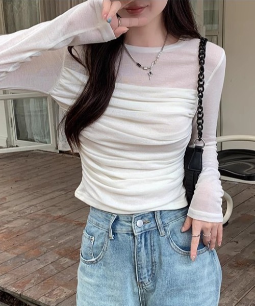 mebole（メボレ）の「プリーツスリムシアートップス（Tシャツ/カットソー・レディース・ホワイト/ベージュ・FREE）」の6枚目の写真