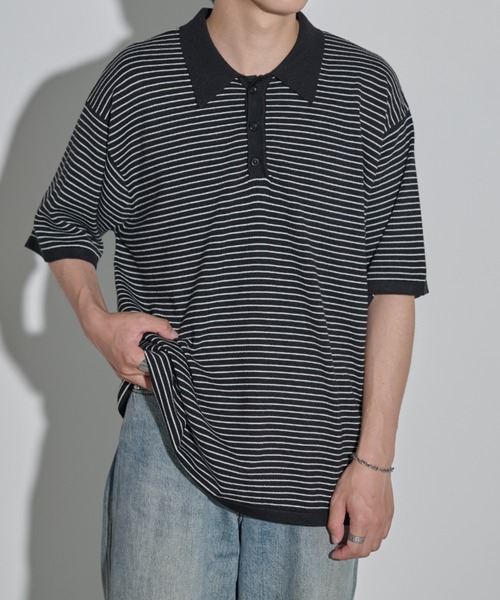 MERLOT(メルロー)の「ボーダー/サイドライン サマーニットポロ(ポロシャツ・メンズ・ブラック/ブルー・FREE)」の15枚目の写真