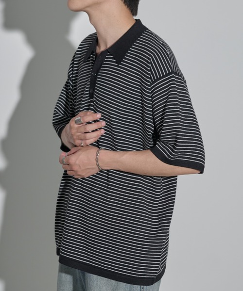 MERLOT(メルロー)の「ボーダー/サイドライン サマーニットポロ(ポロシャツ・メンズ・ブラック/ブルー・FREE)」の17枚目の写真