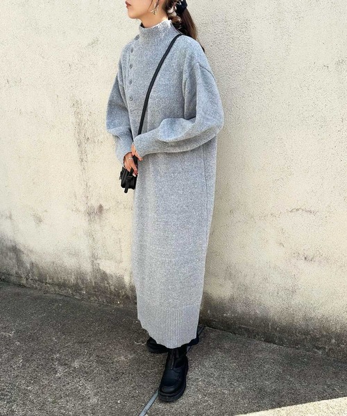 GeeRA（ジーラ）の「楽ちん！2WAYアシメボタンミックスニットワンピース（ワンピース・レディース・杢グレー/ブラック/ベージュ・SMALL/MEDIUM/LARGE/X-LARGE）」の13枚目の写真